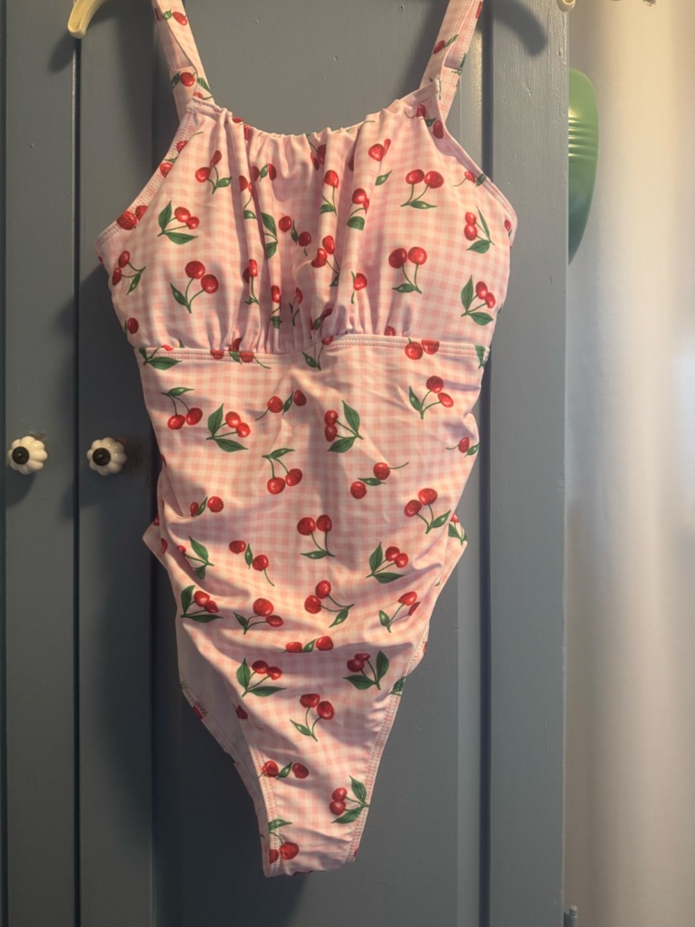 Retro Pink Cherry Gingham Print, Pleated & Gathered One-Piece Swimming Suit XL